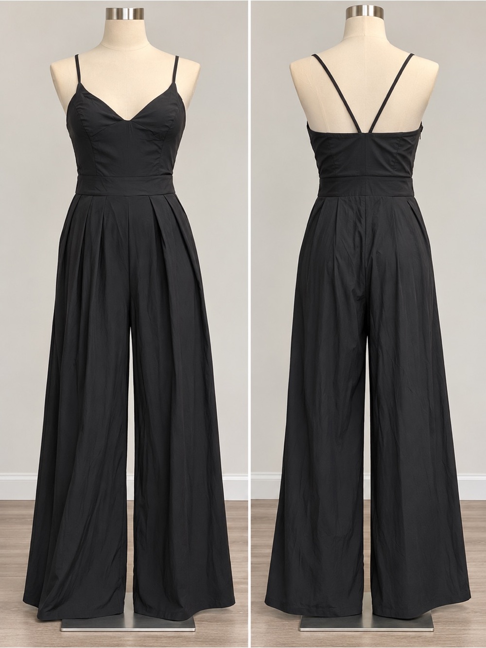 HALARA Black Spaghetti-Strap Wide-Leg Jumpsuit